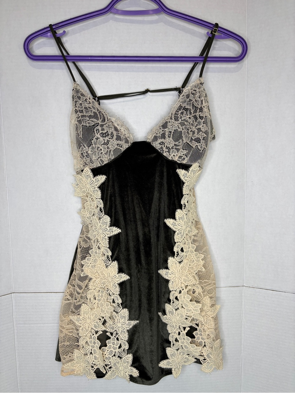 Olive Green Velour Chemise Cream Lace Lingerie Slip Mini Festival Party Shirt